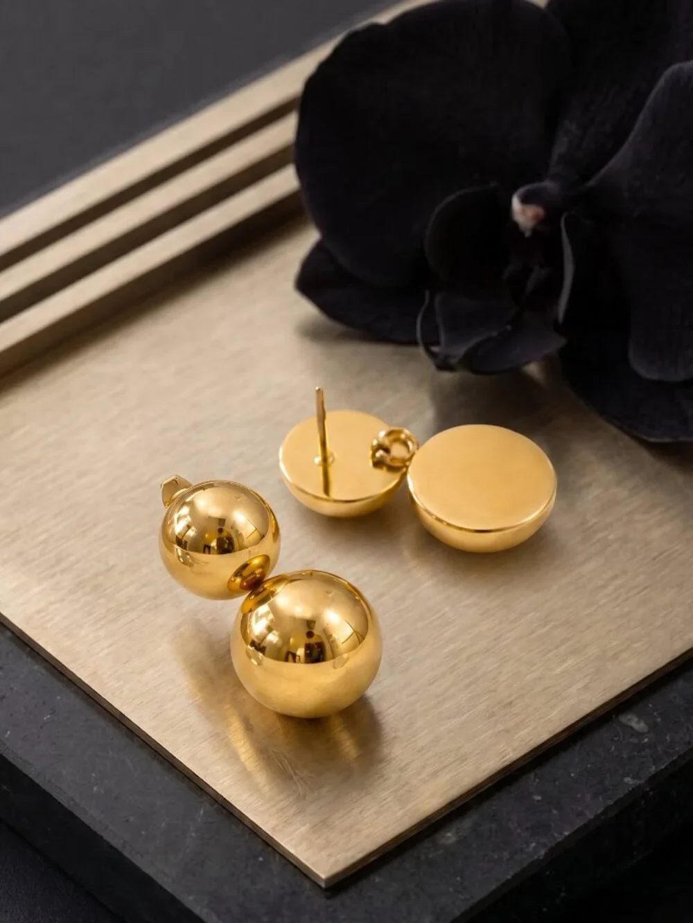 18K Gold Plated Double Ball Drop Stud Earrings Sculptural Old Money 0.8
